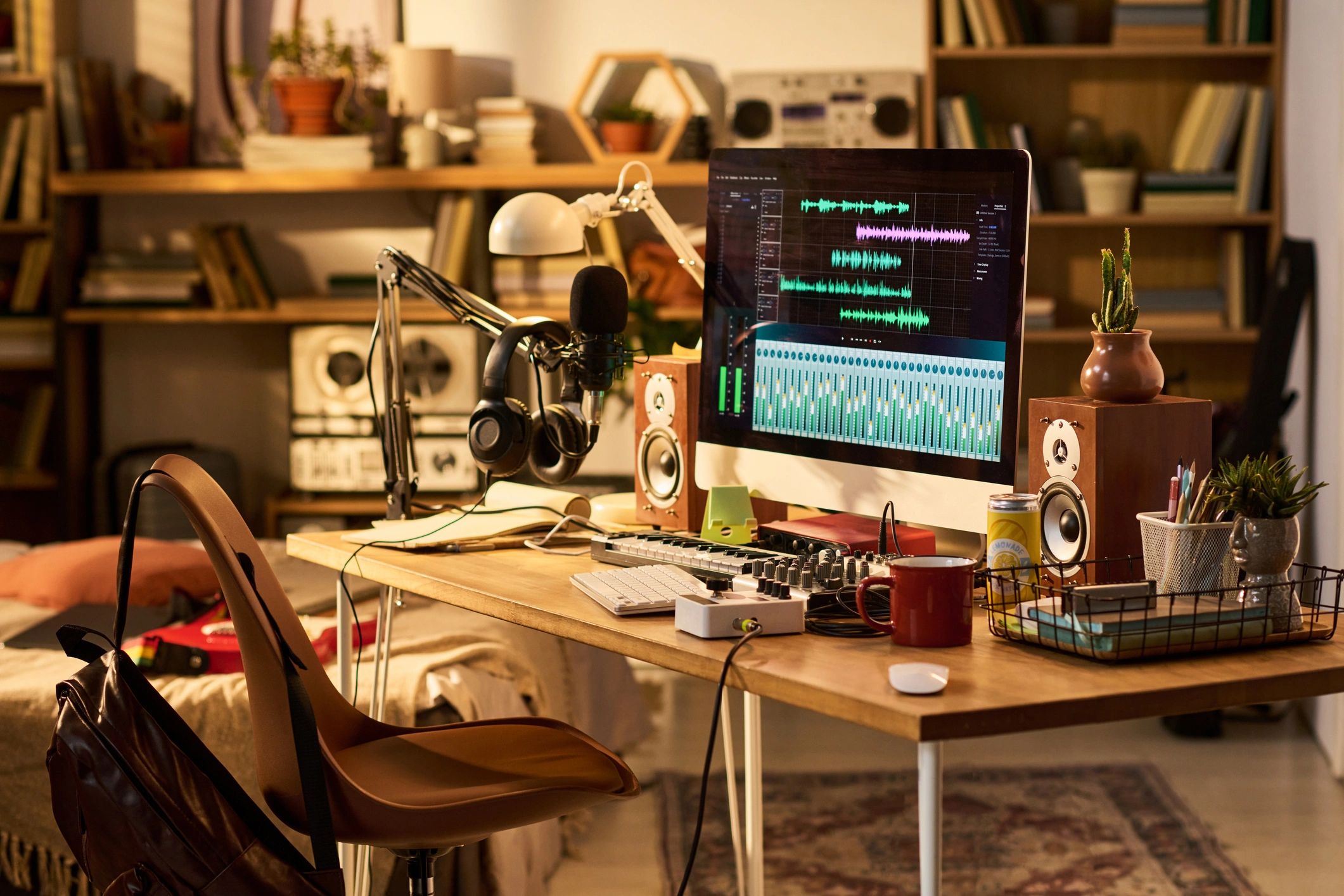 Podcast editing workspace with microphone and audio software